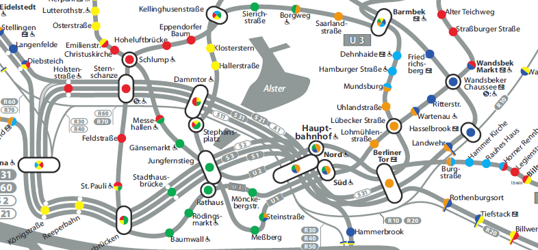 Karte mit Teilbereichen der HVV Tarifzonen und Zahlgrenzen